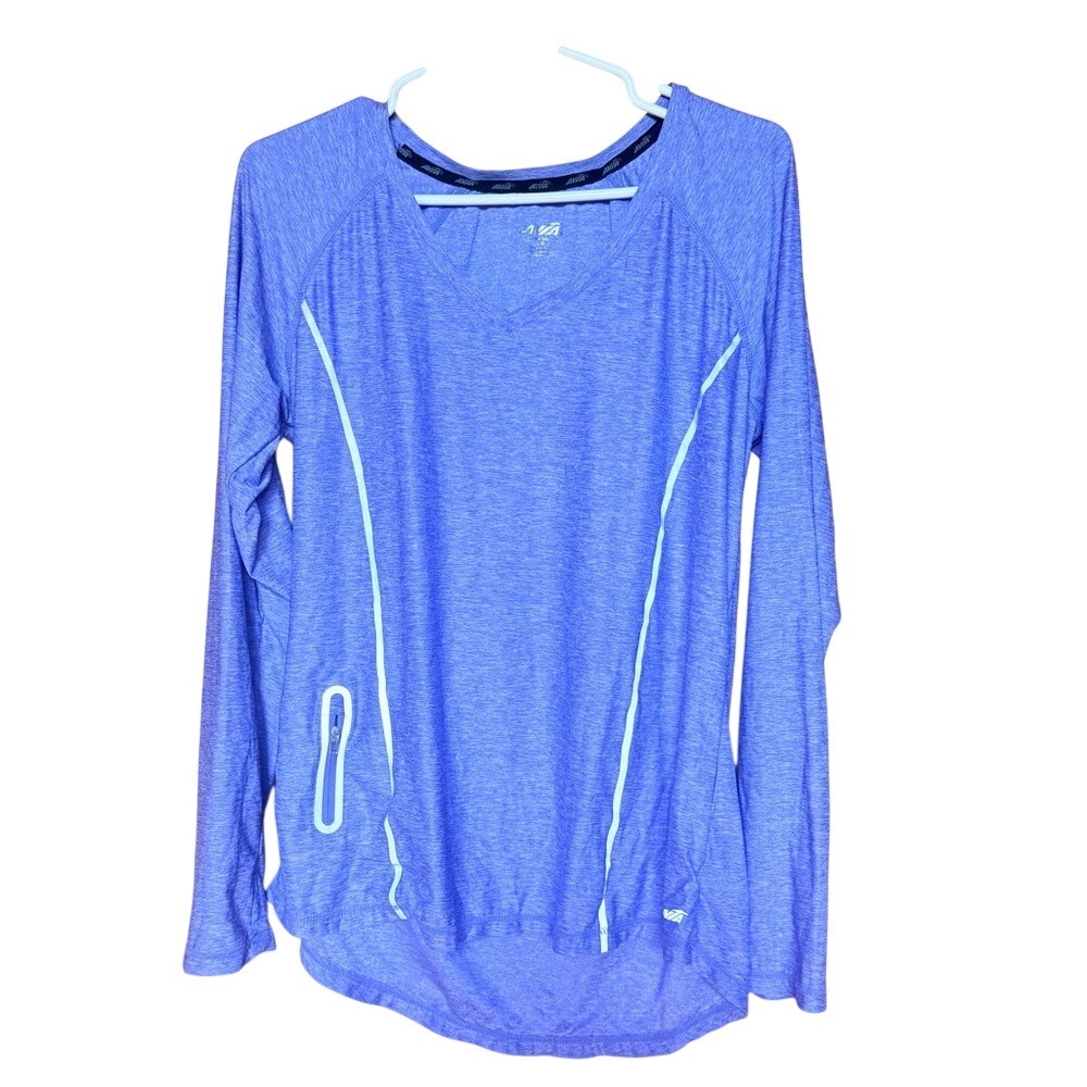 Avia Womens Purple Space Dye Long Sleeve Activewear Top V-Neck Reflective Large